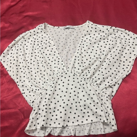 Zara Tops - Zara White Black Polka Dot V-Neck Blouse